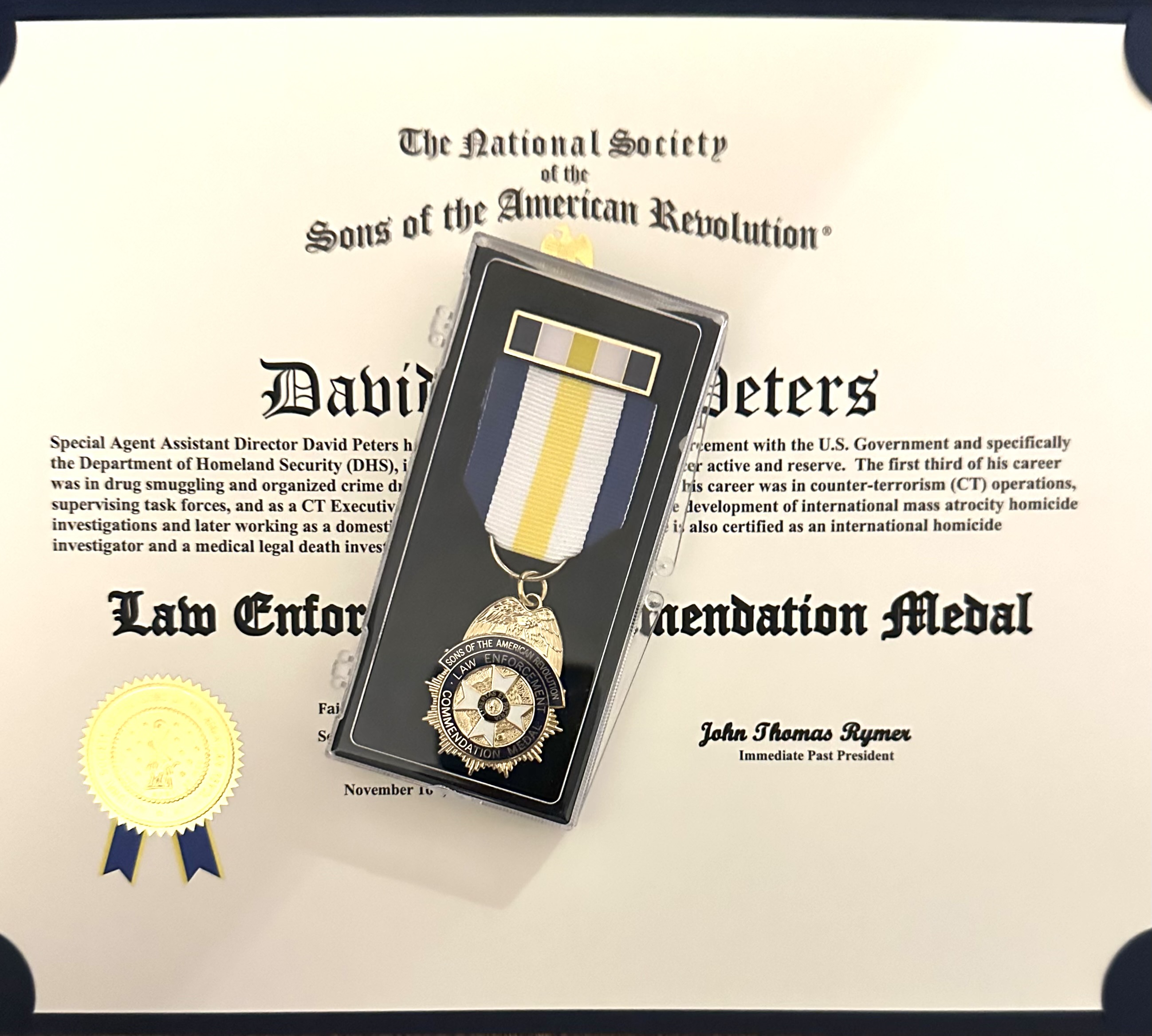 Law Enforcement Commendation Certificate and Medal for David Peters