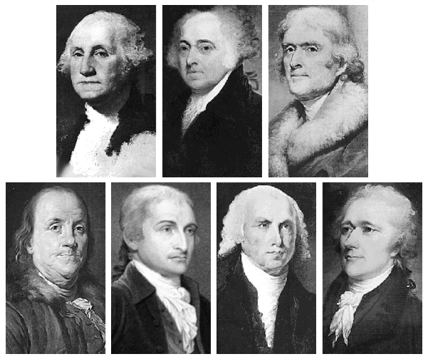Seven U.S. Founding Fathers, as identified by historian Robert B. Morris, including George Washington, John Adams, Thomas Jefferson, Benjamin Franklin, John Jay, James Madison, and Alexander Hamilton.