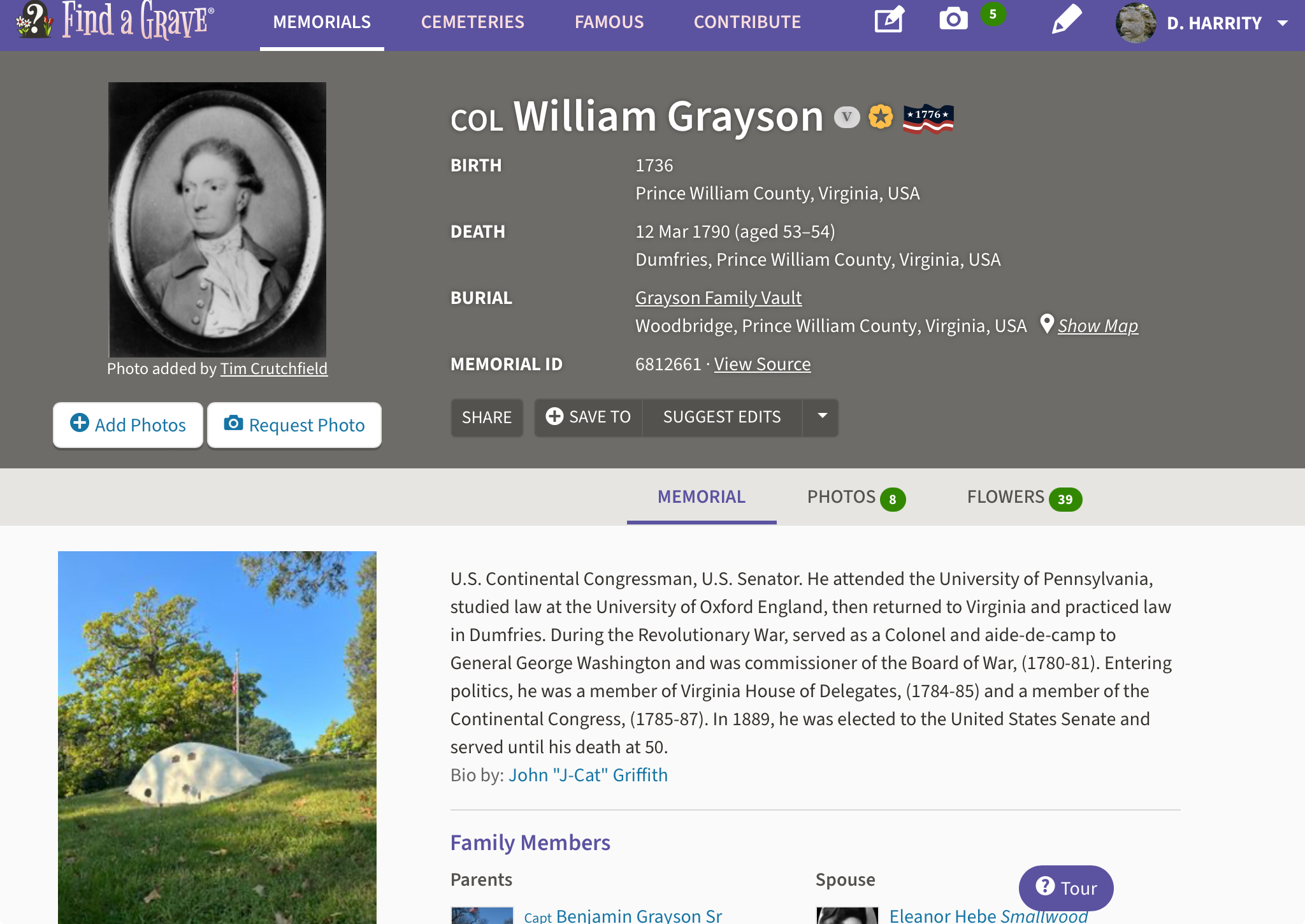 Example of FindaGrave 1776 badge on William Grayson