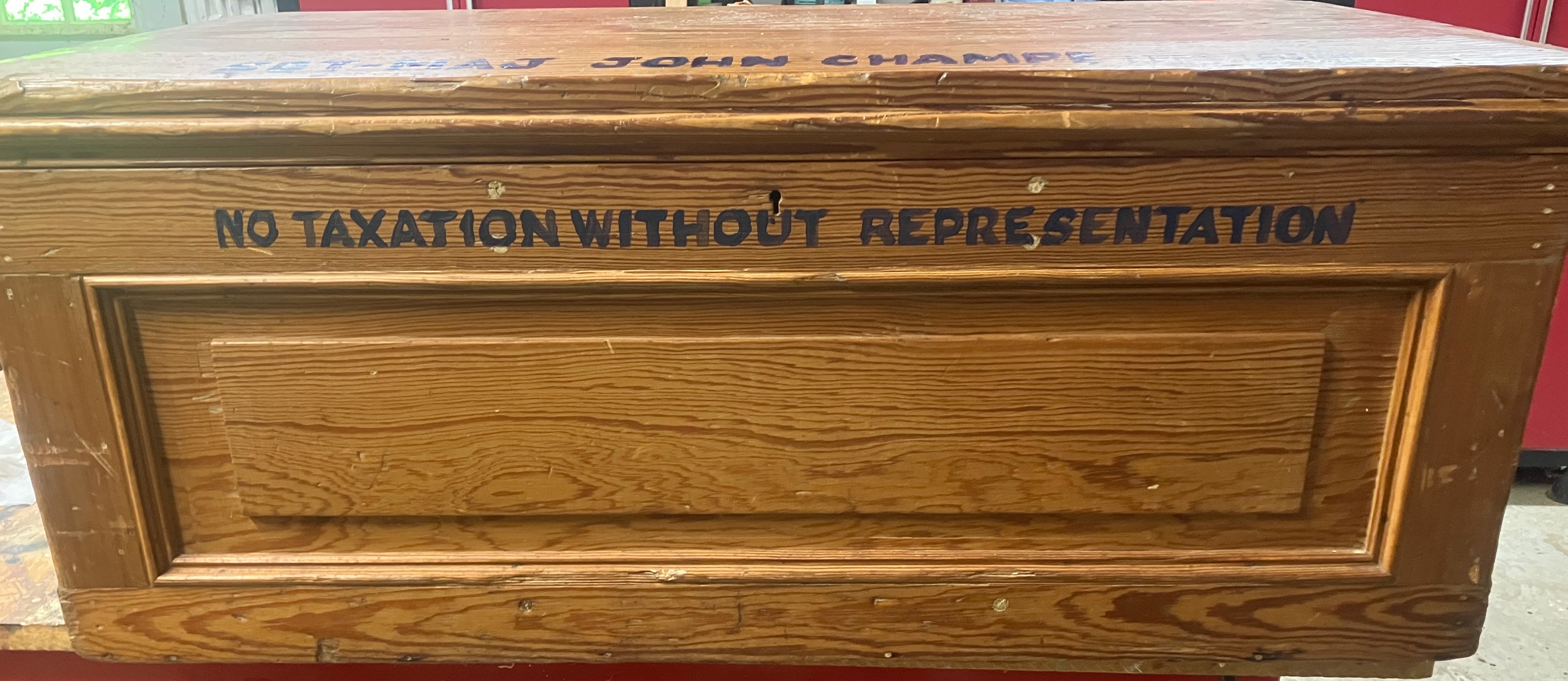 Pine wood Patriot Chest of the Sgt Major John Champe Chapter marked with the words, No Taxation Without Respresentation