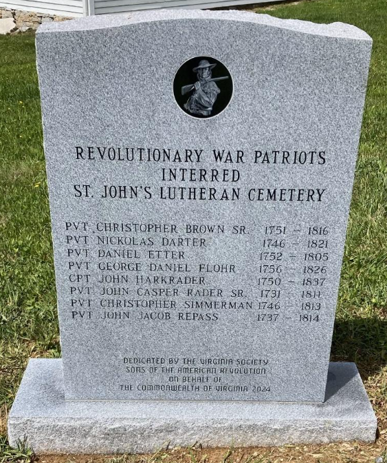 Large polished granite stone memorial of the Revolutionary War Patriots Interred at St. John's Lutheran Cemetery