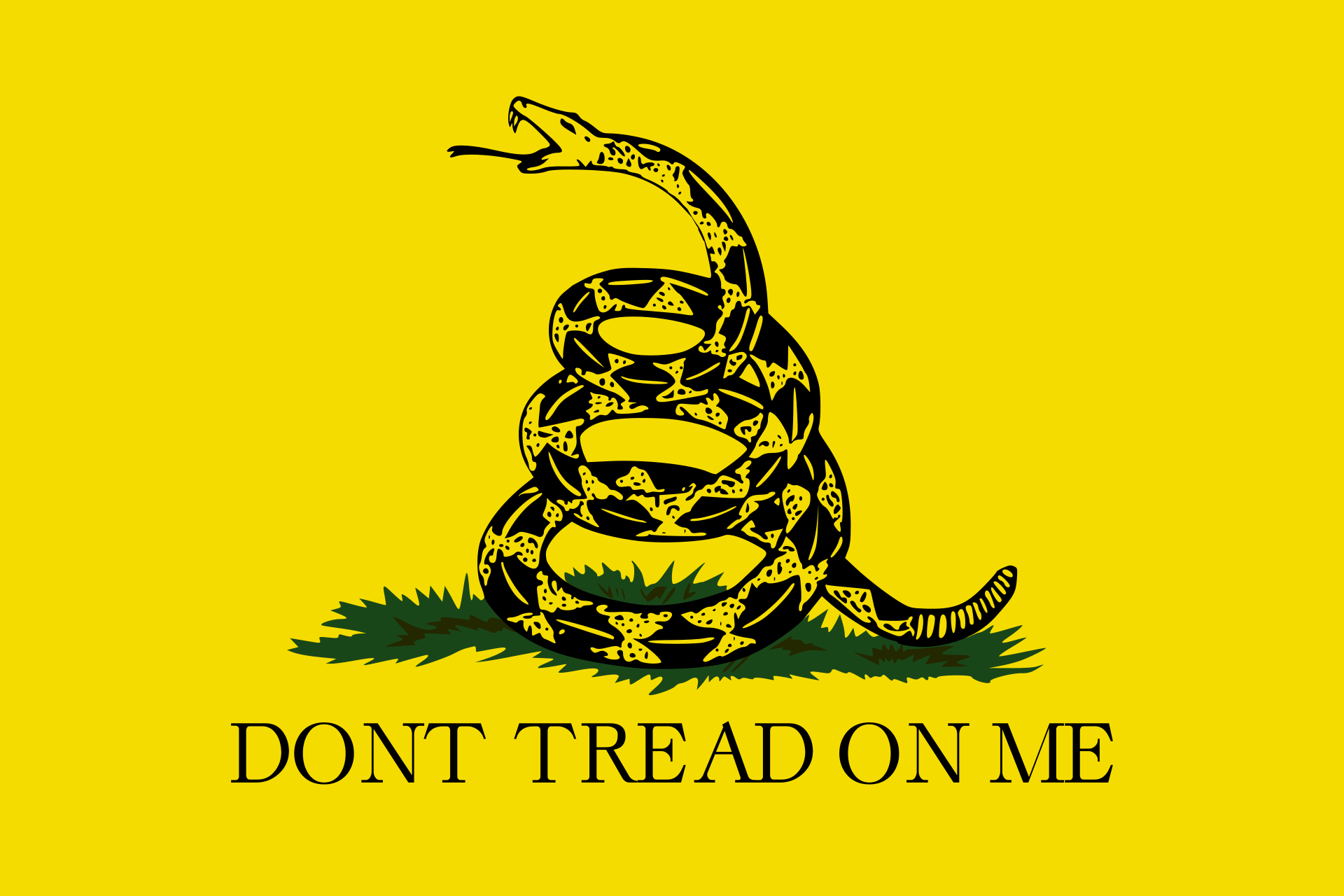Gadsen Flag - Yellow banner with a coiled, striking rattlesnake and the text 'Don't Tread on Me' in black