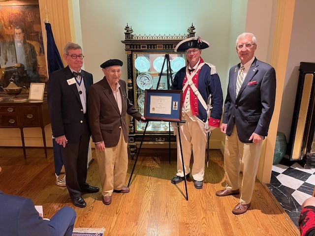 Pictured L to R – Dr. William Greaf, President, Virginia SAR; Mr. Frank Shatz; John Lynch, President, Williamsburg Chapter SAR; and Dr. Kenneth Hawkins, Chairman, Virginia SAR Awards Committee.
